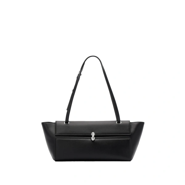 Symmetry Trapeze Shoulder Bag in Black Smooth Leather with Silver Hardware