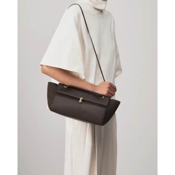 Savette Symmetry Trapeze Shoulder Bag in Coffee Mixed Leather, view 4 | Shoulder & Crossbody Bags | Coveti