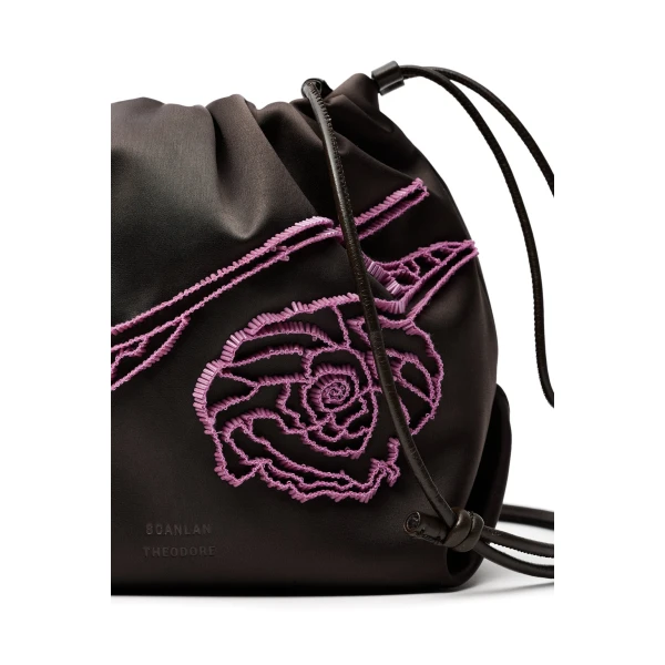 Scanlan Theodore Beaded Poppy Drawstring Bag in Chocolate Fuchsia | Bucket Bags | Coveti