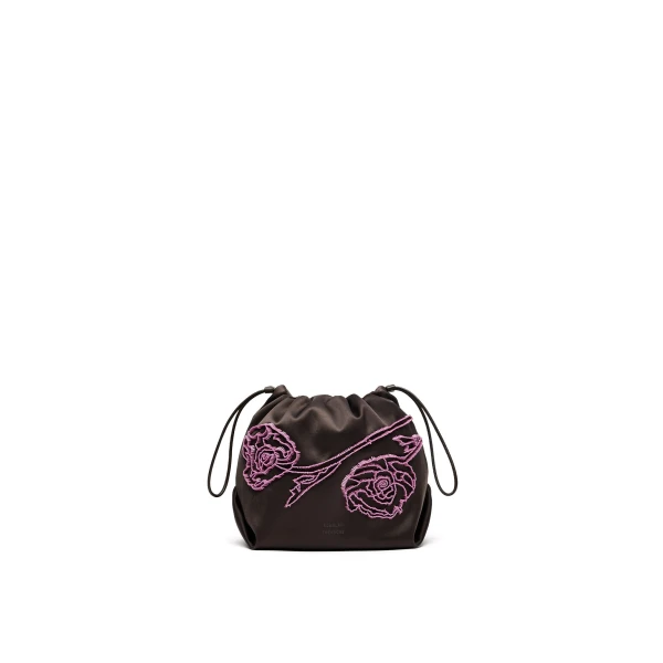 Scanlan Theodore Beaded Poppy Drawstring Bag in Chocolate Fuchsia | Bucket Bags | Coveti