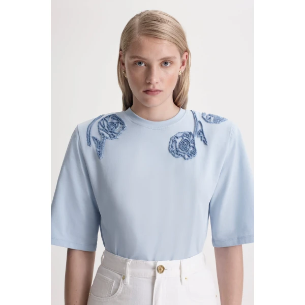 Scanlan Theodore Beaded Poppy Mercerised Tee in Blue | Tops | Coveti