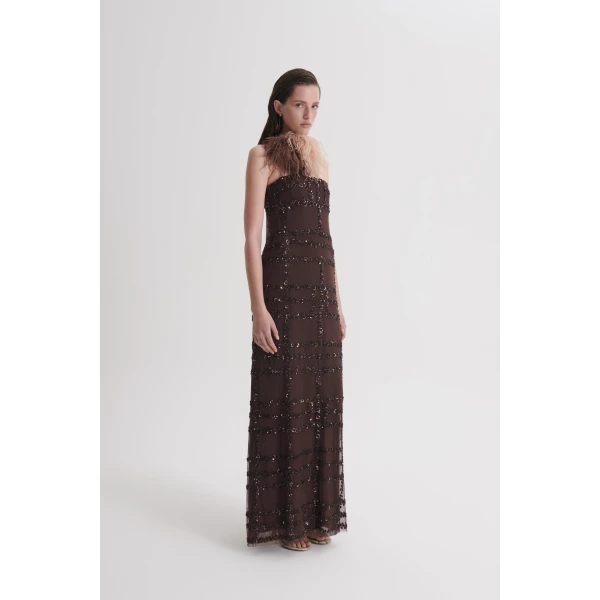 Scanlan Theodore Beaded Tulle Gown in Chocolate