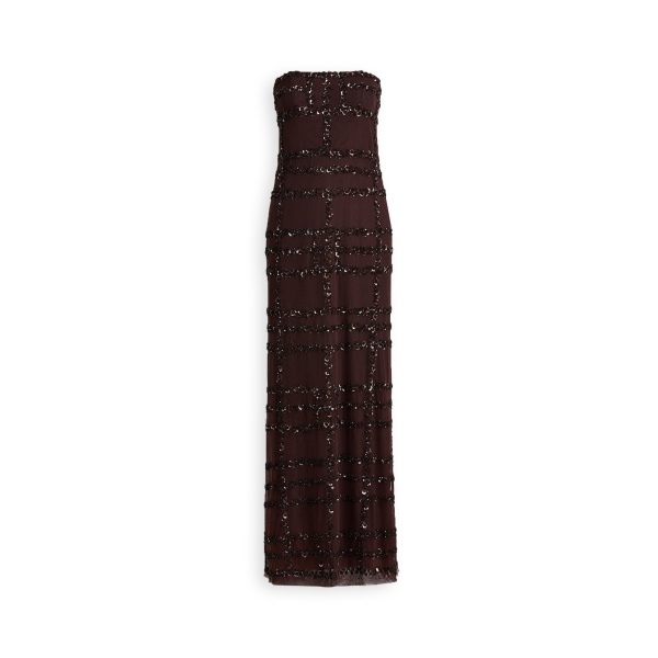 Beaded Tulle Gown in Chocolate