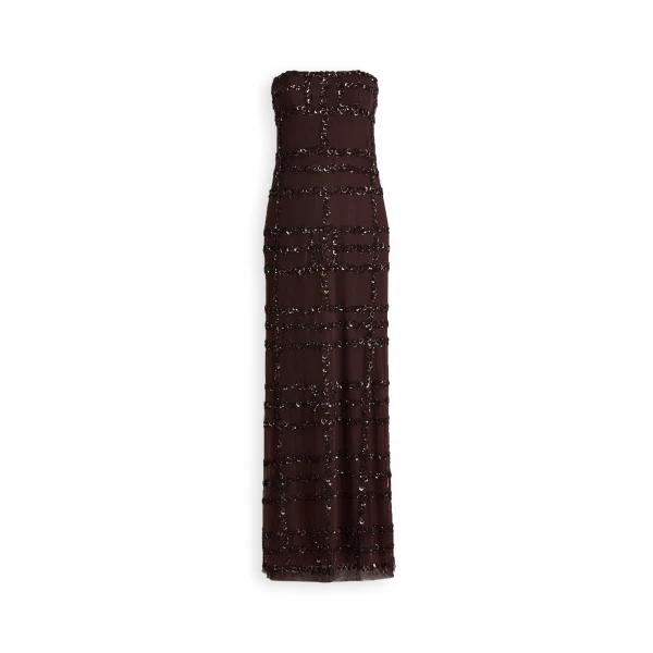 Beaded Tulle Gown in Chocolate