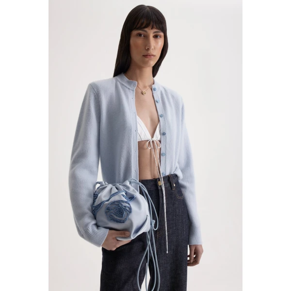 Scanlan Theodore Cashmere Wool Shoulder Pad Cardigan in Pale Blue