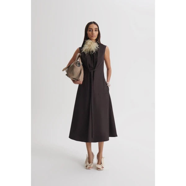 Scanlan Theodore Cotton Sateen Pleat Dress in Bitter Chocolate | Midi Dresses | Coveti