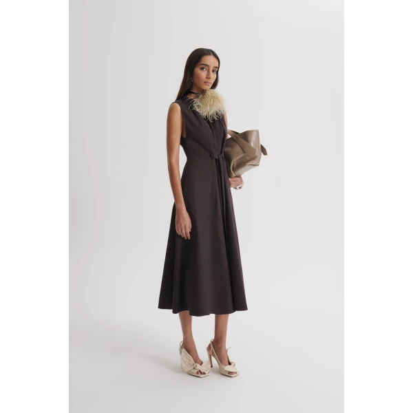 Scanlan Theodore Cotton Sateen Pleat Dress in Bitter Chocolate | Midi Dresses | Coveti