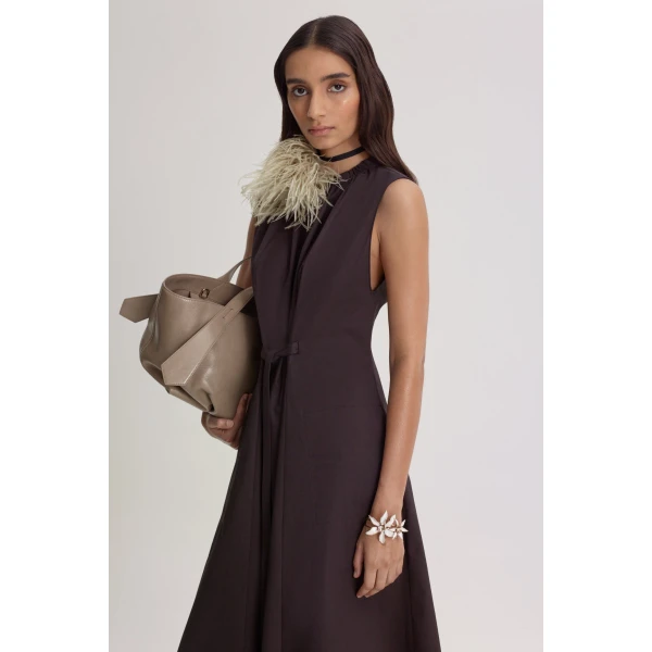 Scanlan Theodore Cotton Sateen Pleat Dress in Bitter Chocolate | Midi Dresses | Coveti