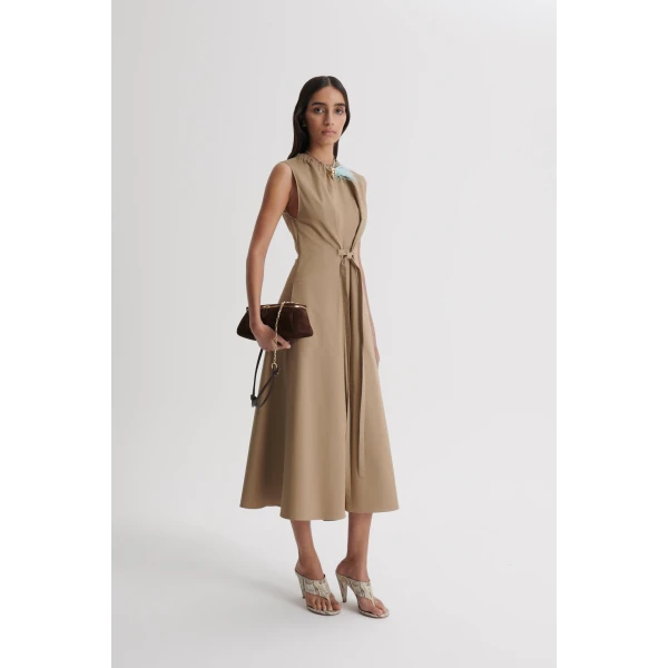 Scanlan Theodore Cotton Sateen Pleat Dress in Trench | Midi Dresses | Coveti