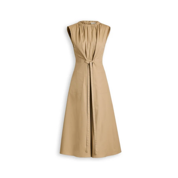 Cotton Sateen Pleat Dress in Trench
