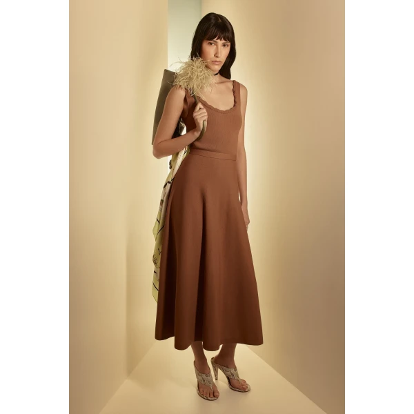 Scanlan Theodore Crepe Knit Crochet Soft Dress in Spice | Maxi Dresses | Coveti