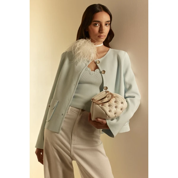 Scanlan Theodore Crepe Knit Patch Pocket Jacket in Sky Blue