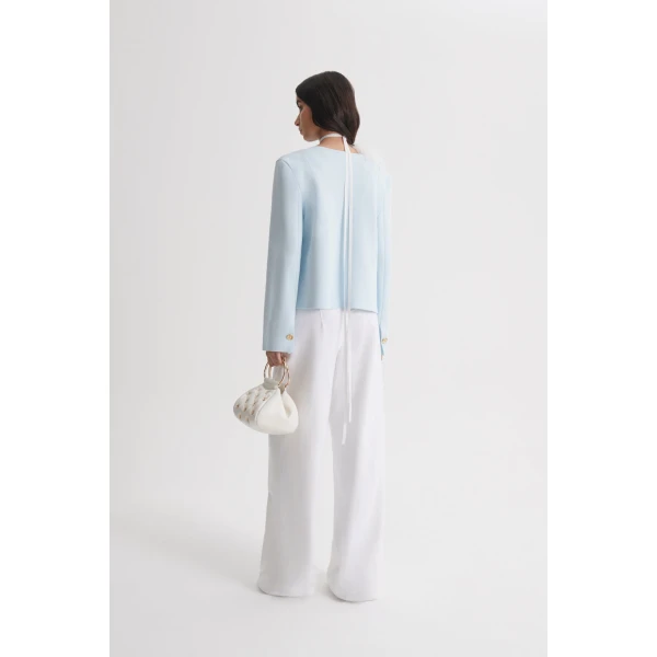 Scanlan Theodore Crepe Knit Patch Pocket Jacket in Sky Blue