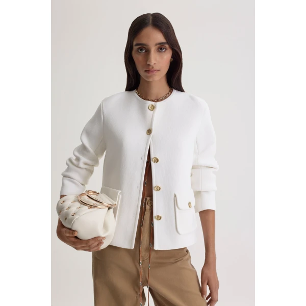 Scanlan Theodore Crepe Knit Patch Pocket Jacket in White | Jackets | Coveti