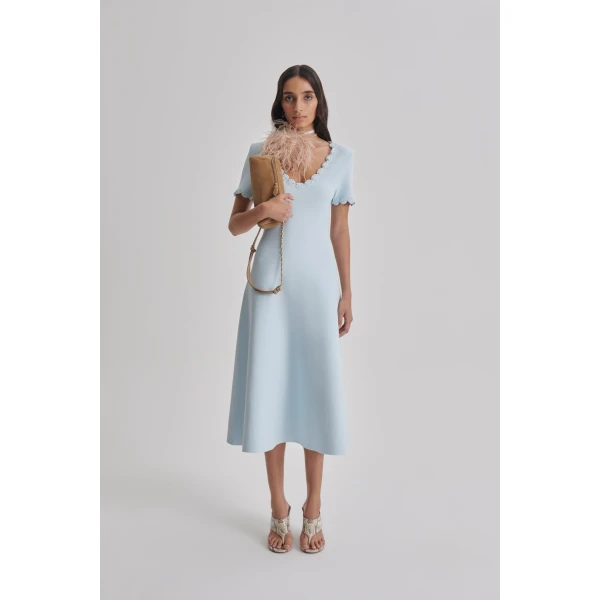 Scanlan Theodore Crepe Knit Poppy Crochet Dress in Sky Blue