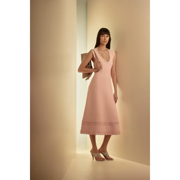 Scanlan Theodore Crepe Knit Poppy Crochet Hem Dress in Dusk | Midi Dresses | Coveti