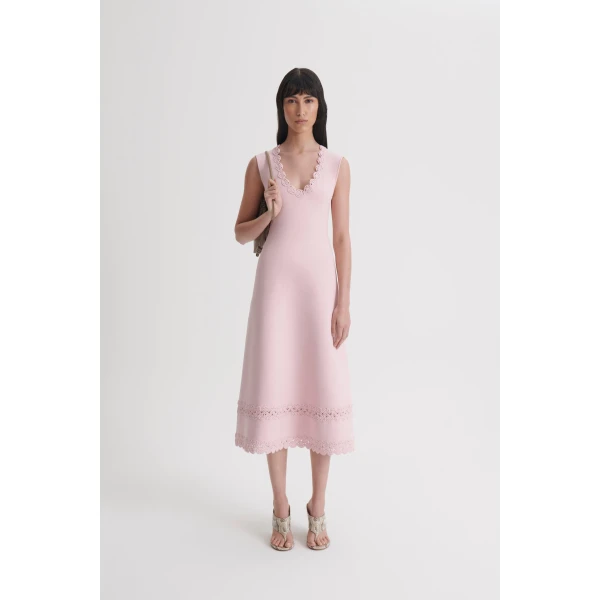Scanlan Theodore Crepe Knit Poppy Crochet Hem Dress in Dusk | Midi Dresses | Coveti