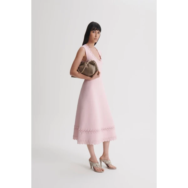 Scanlan Theodore Crepe Knit Poppy Crochet Hem Dress in Dusk | Midi Dresses | Coveti