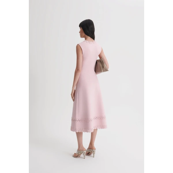 Scanlan Theodore Crepe Knit Poppy Crochet Hem Dress in Dusk | Midi Dresses | Coveti