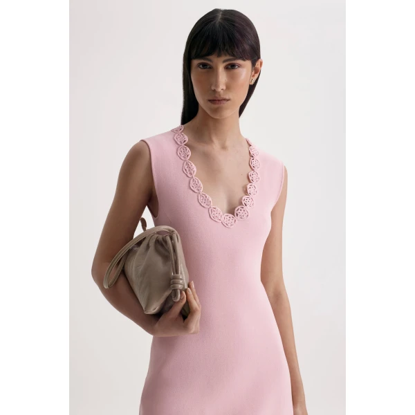 Scanlan Theodore Crepe Knit Poppy Crochet Hem Dress in Dusk | Midi Dresses | Coveti