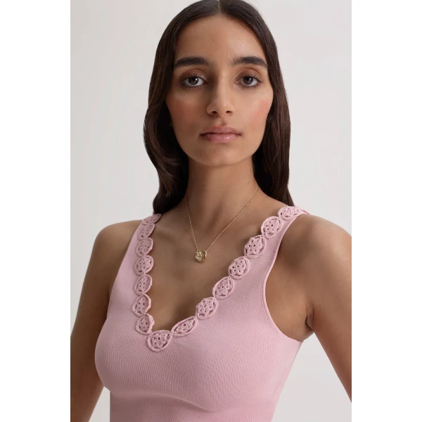 Scanlan Theodore Crepe Knit Poppy Crochet Singlet in Dusk | Tops | Coveti