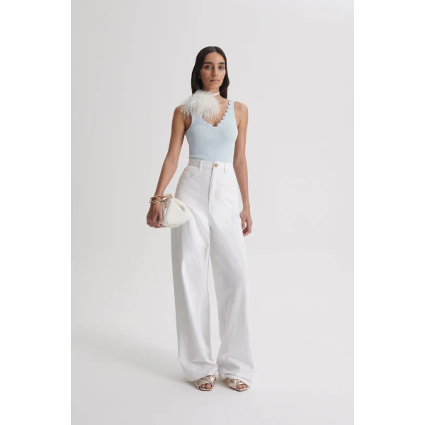 Scanlan Theodore Crepe Knit Poppy Crochet Singlet in Sky Blue