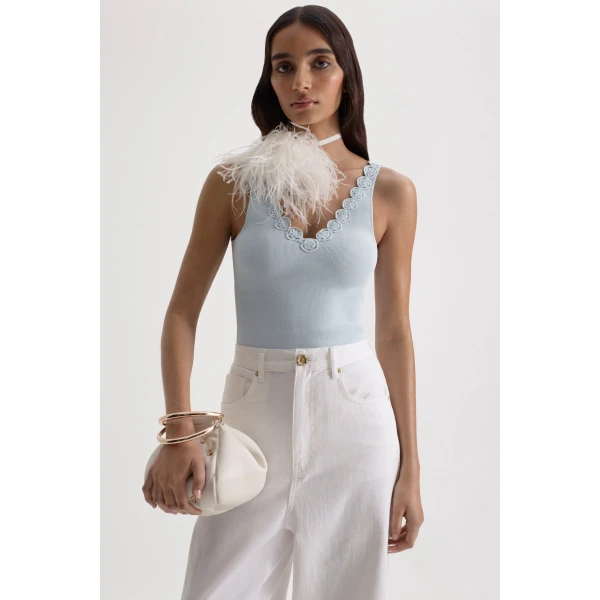 Scanlan Theodore Crepe Knit Poppy Crochet Singlet in Sky Blue