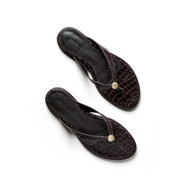 Scanlan Theodore Ilios Croc Flat Sandal in Dark Chocolate | Sandals | Coveti