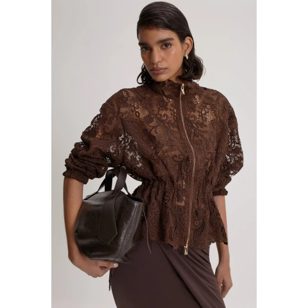 Scanlan Theodore Lace Funnel Neck Jacket in Dark Chocolate | Jackets | Coveti