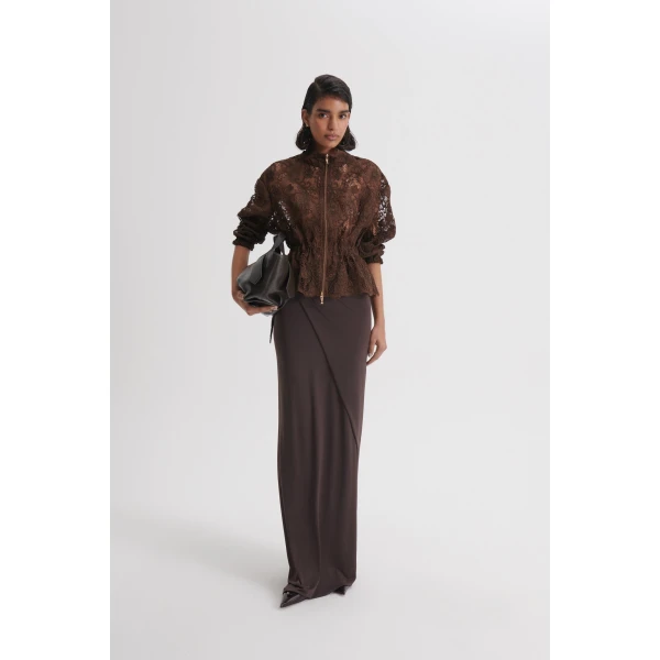Scanlan Theodore Lace Funnel Neck Jacket in Dark Chocolate | Jackets | Coveti