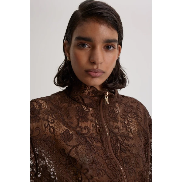 Scanlan Theodore Lace Funnel Neck Jacket in Dark Chocolate | Jackets | Coveti