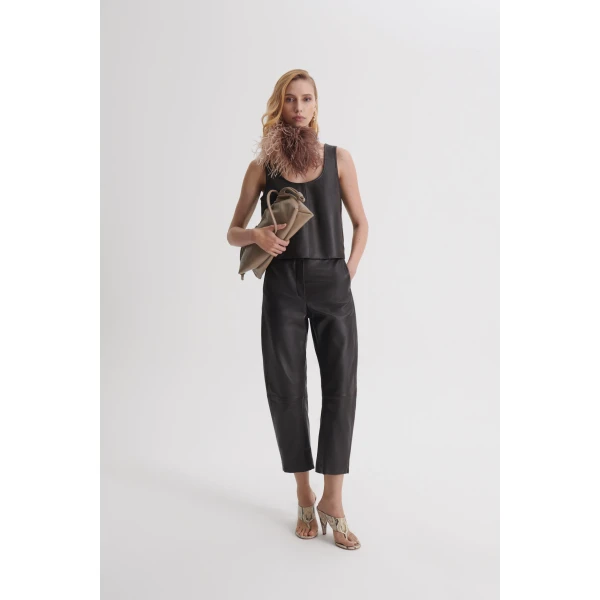 Scanlan Theodore Leather Barrel Leg Trouser in Dark Chocolate
