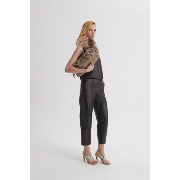 Scanlan Theodore Leather Barrel Leg Trouser in Dark Chocolate