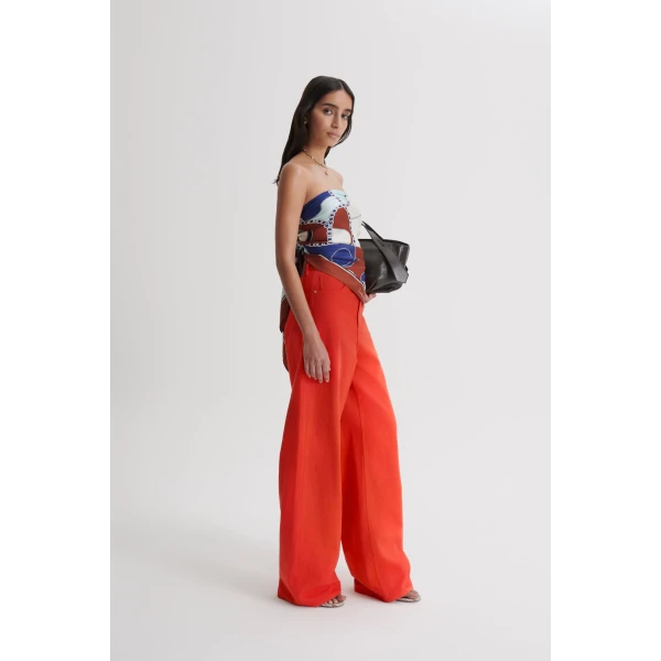 Scanlan Theodore Linen Cotton Drape Leg Jean in Red | Denim | Coveti