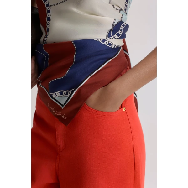 Scanlan Theodore Linen Cotton Drape Leg Jean in Red | Denim | Coveti