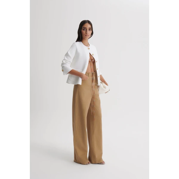 Scanlan Theodore Linen Cotton Drape Leg Jean in Sandstone | Denim | Coveti