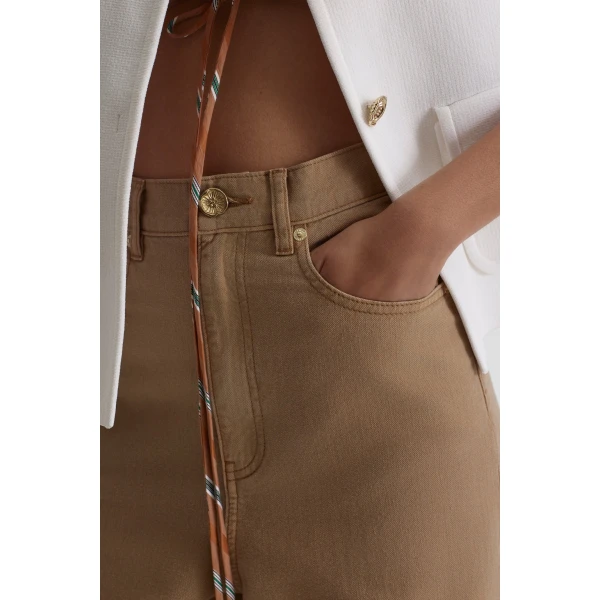 Scanlan Theodore Linen Cotton Drape Leg Jean in Sandstone | Denim | Coveti