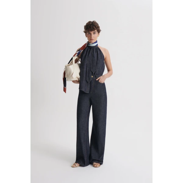 Scanlan Theodore Linen Cotton Tie Neck Top in Indigo