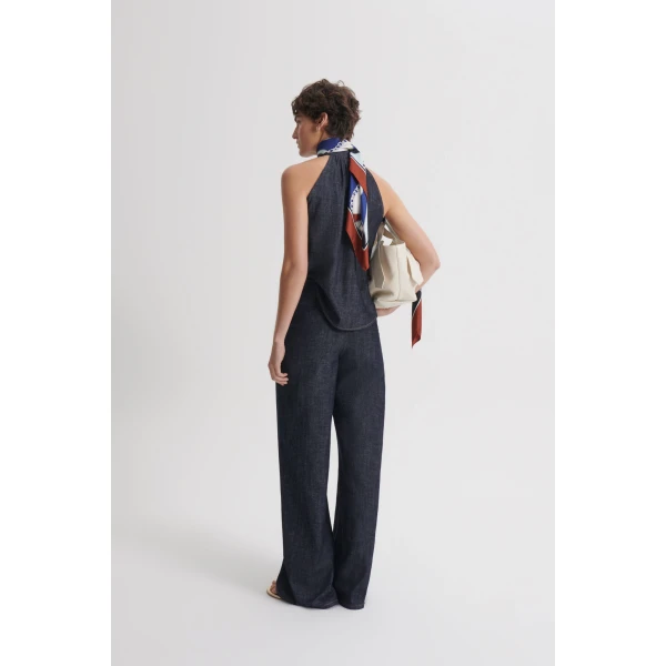 Scanlan Theodore Linen Cotton Tie Neck Top in Indigo