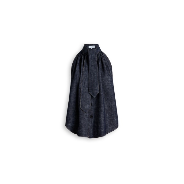 Scanlan Theodore Linen Cotton Tie Neck Top in Indigo