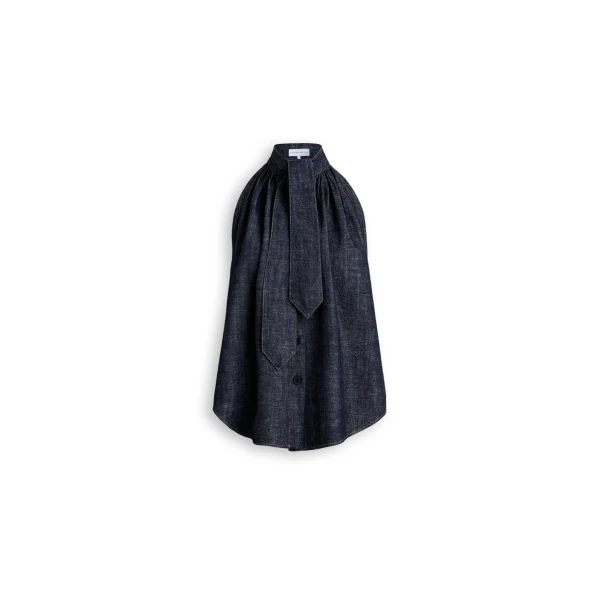 Linen Cotton Tie Neck Top in Indigo