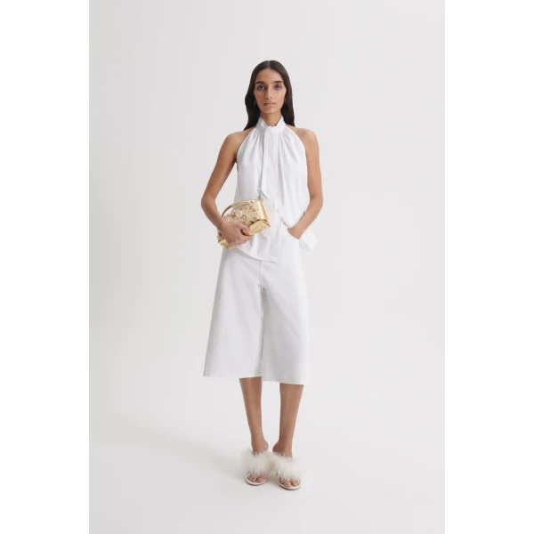 Scanlan Theodore Linen Cotton Tie Neck Top in White