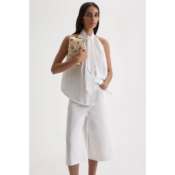 Scanlan Theodore Linen Cotton Tie Neck Top in White