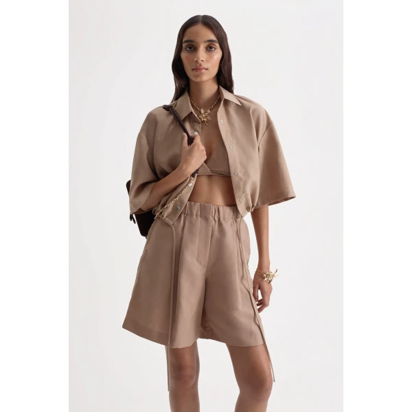 Scanlan Theodore Linen Textured Short Sleeve Shirt in Camel
