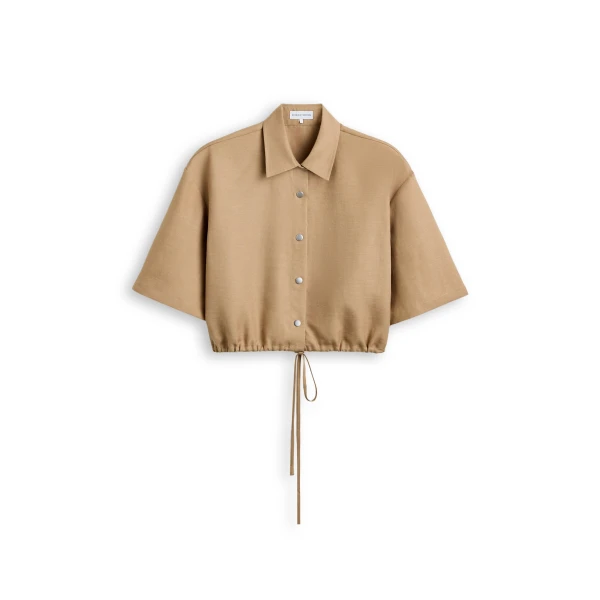 Linen Textured Short Sleeve Shirt in Camel