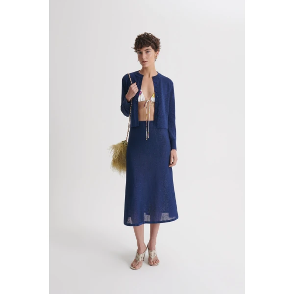 Scanlan Theodore Metallic Knit Cardigan in Marine