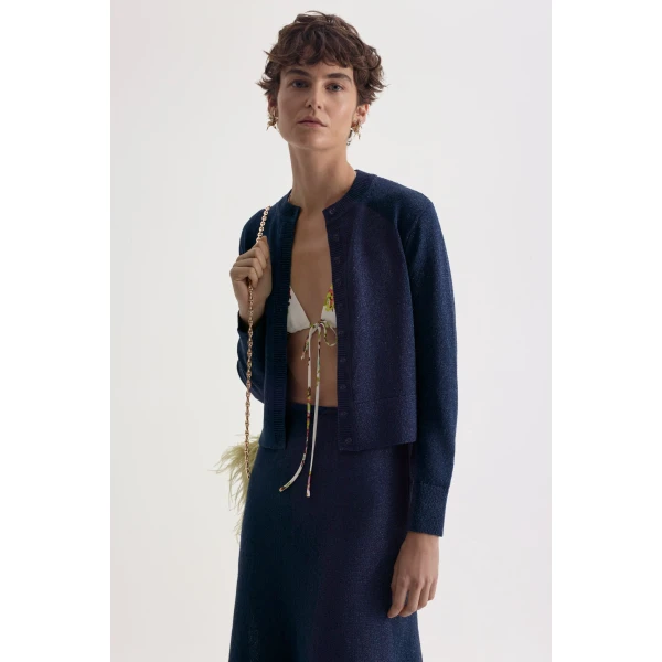 Scanlan Theodore Metallic Knit Cardigan in Marine
