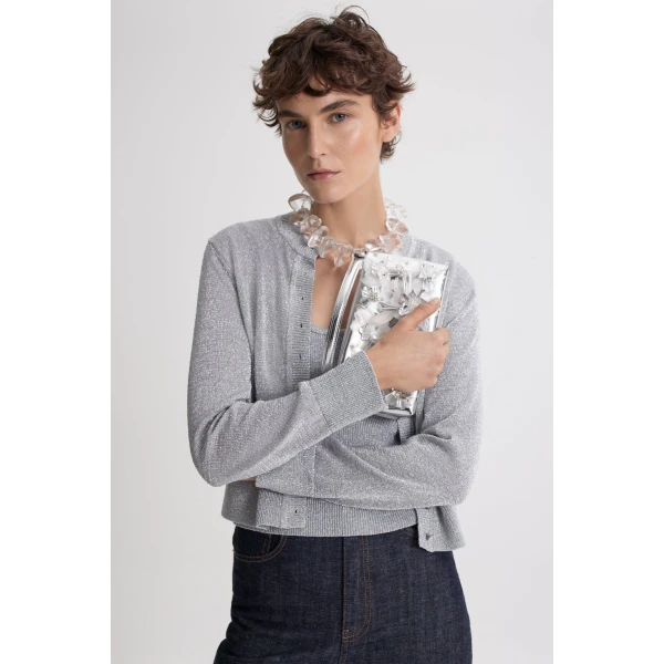 Scanlan Theodore Metallic Knit Cardigan in Silver | Cardigan | Coveti