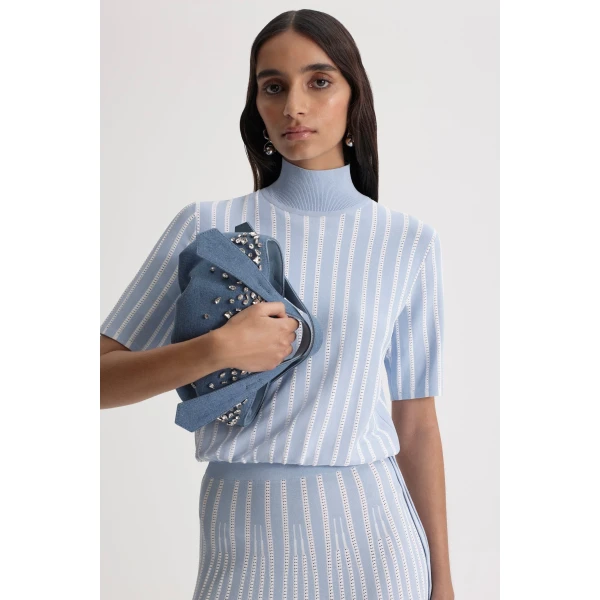 Scanlan Theodore Pleat Rib Stripe Top in Blue White