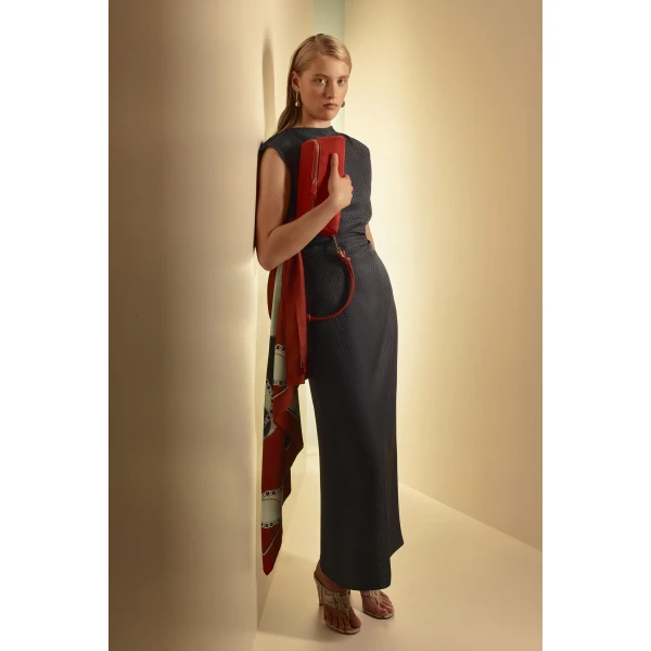 Scanlan Theodore Silk Chain Jacquard Dress in Indaco Blue